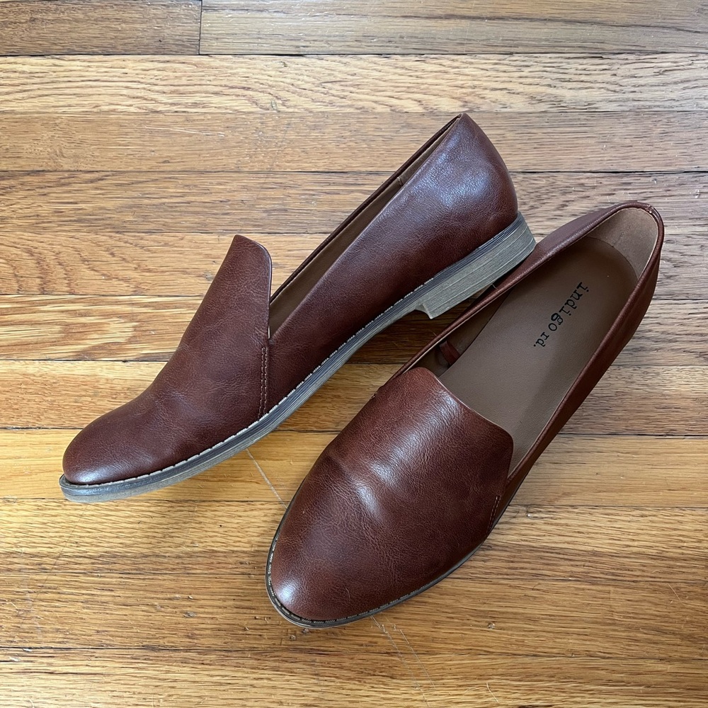 Indigo brown vegan leather loafers size 8